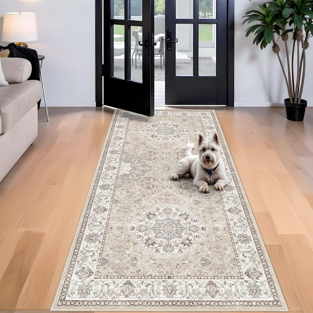 Skiennix Washable 4x8 Hallway Runner Rug - Vintage Soft Non-Slip Carpet for Entryway & Kitchen (Beige)