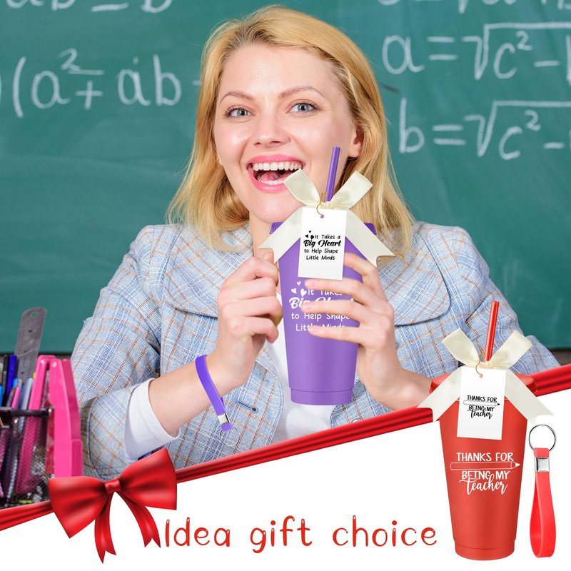 SiliFine 30 Sets Thank You Teachers Appreciation Gifts Bulk, 24 oz Plastic Tumblers with Lids and Straws Reusable Coffee Cups with Silicone Keychains, Bow-knots and Cards(Appreciated)