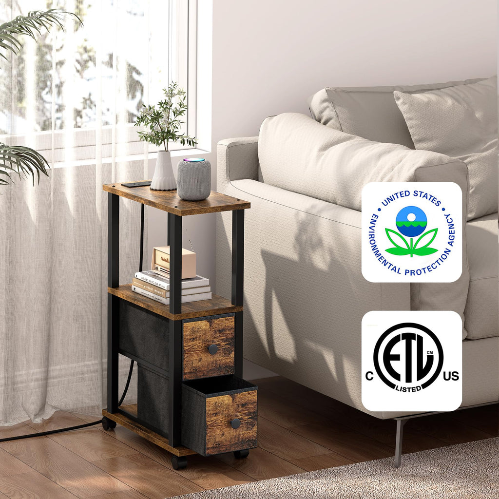 TUTOTAK Small Narrow End Tables, Side Tables with 2 Fabric Drawers, Set of 2, Bedside Tables with Charging Station for Small Spaces, Slim Nightstands with USB Ports and Wheels, TB01BB053C