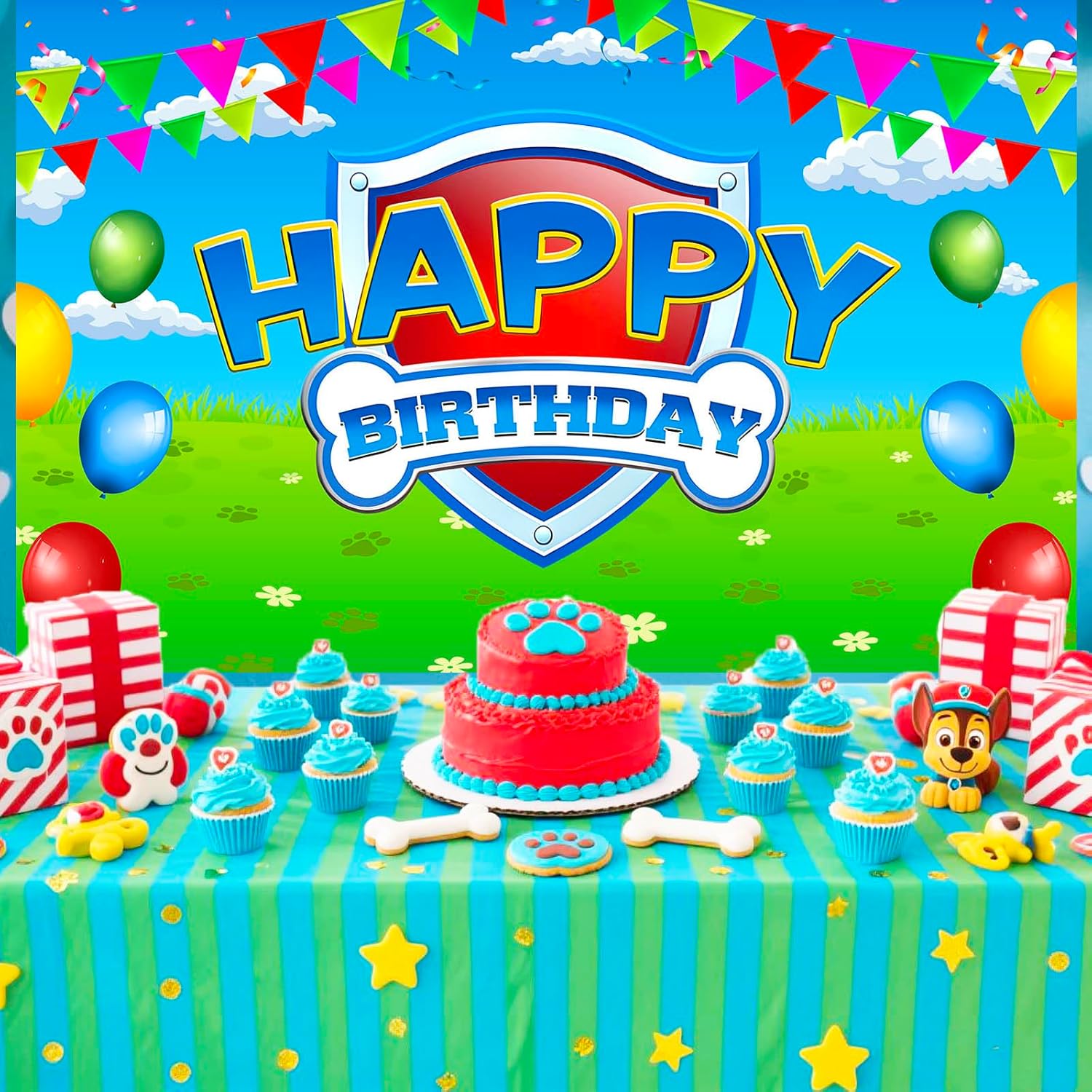 Paw Birthday Party Decorations - 70in X 43in Blue Dog Photo Backdrop for Kids' Room & Baby Showers