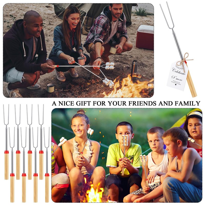 Yoande 12 Sets S'mores Sticks Kit Extendable Roasting Cotton Candy Stick for Fire Pit Camp Bachelorette Decorations One Happy Camper Birthday Party Favor for Wedding Camping Campfire Bonfire Supplies