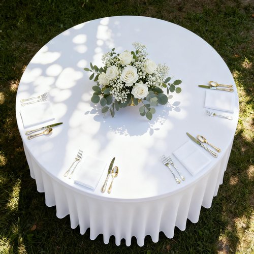 HolidayIdeas White Spandex 72in Round Table Cloths for Wedding, 6ft Fitted Stretch Table Skirts 132 Inch, Wrinkle-Free Ruffle Design Tablecloths for Banquets,Trade Shows, Parties, Events, 4 Pack