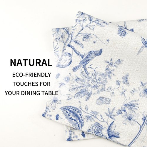 QIYI Boho Placemats Set of 4, 12x18 Inch Linen Fabric Place Mats for Kitchen Dinning, Farmhouse Rustic Floral Cloth Table Mats, Washable Placemat Botanical Party Table Décor, Blue Garden