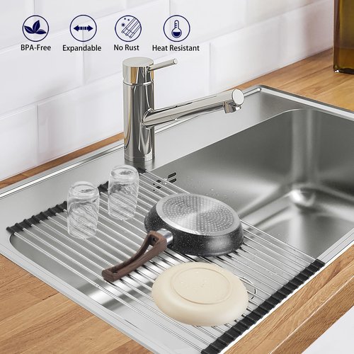 CLNGAI Roll Up Dish Drying Rack, Expandable Over The Sink Dish Drainer,Stainless Steel Kitchen Rolling Sink Rack Space Saving Dish Mat, Length Up to 22.3" (Black, Large Expandable)