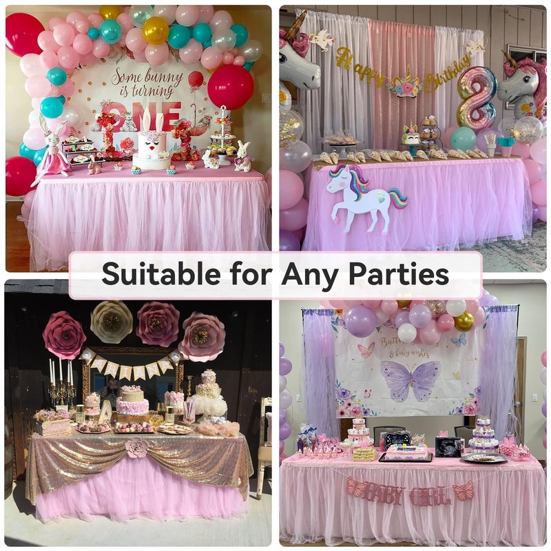 132in Baby Pink Tulle Table Skirts for Rectangle Tables 6ft 8ft, 2-Layer 11 ft Long Gold Grim Princess Pink Ruffle Tulle Tutu Table Skirt Cloth for Girl Birthday Baby Cake Dessert(No Table Cover)