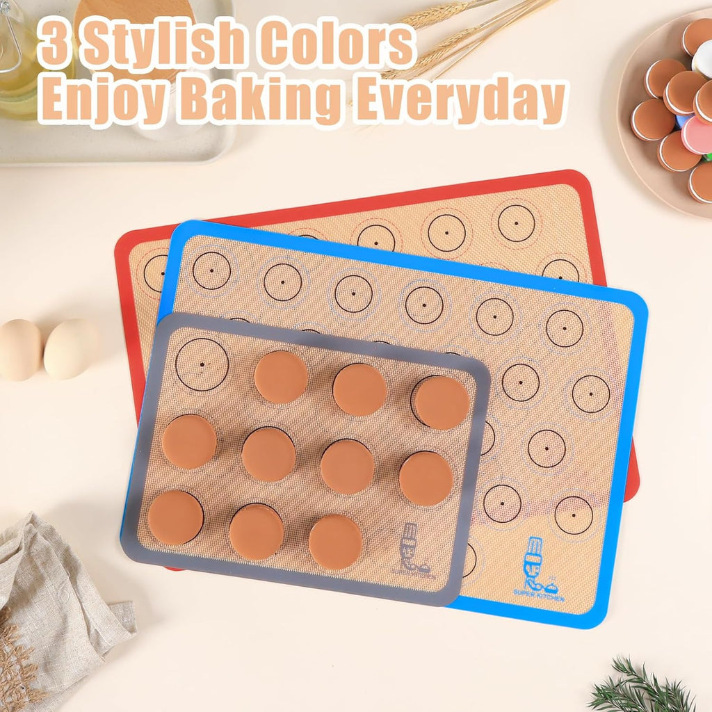 Skiennix Silicone Baking Mat Set - Non-Stick Macaron Liners for Cookies, Pans & More | 3 Colors: Red, Blue, Gray