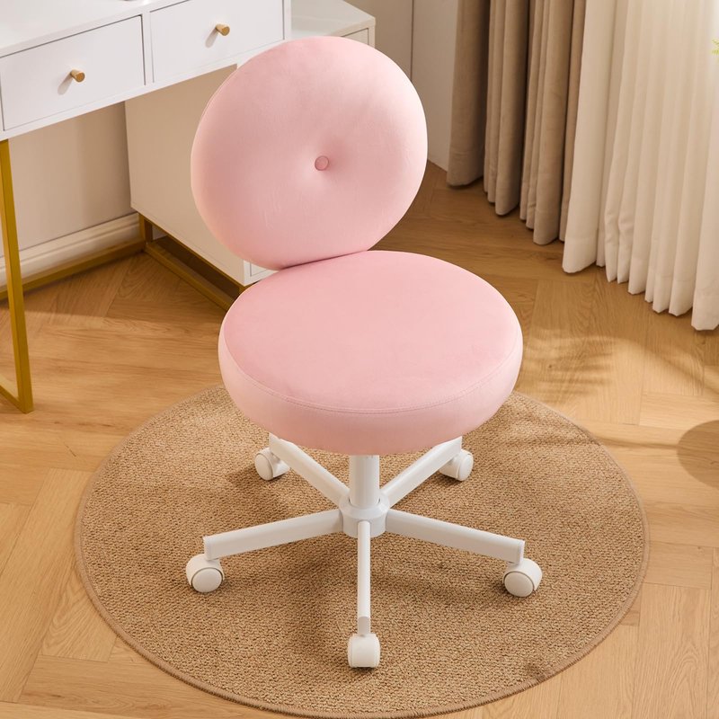 Furniliving Round Velvet Vanity Chair with Wheels, 360° Swivel Armless Desk Chair, Adjustable Height Rolling Makeup Chair for Bedroom Study Room, Pink
