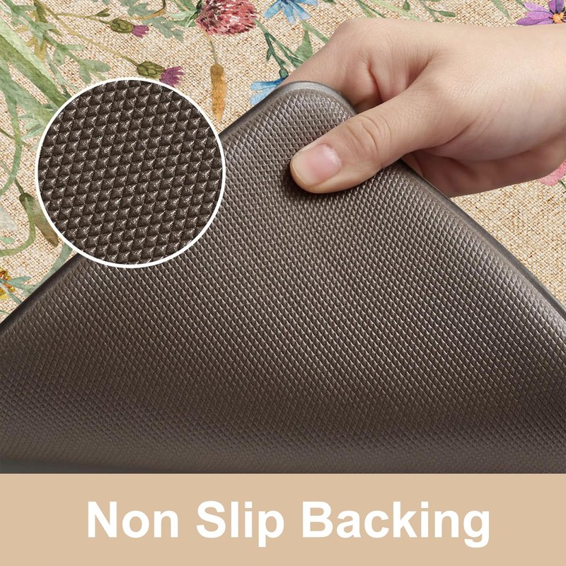KIMODE Anti Fatigue Mats for Kitchen Floor 17.3"x29", Cushioned Kitchen Rugs, Non Slip Waterproof Kitchen Floor Mat, Floral Comfort Standing Mat for Laundry, Office, Sink, Desk Brown