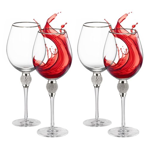 Rimmed Red Wine Glasses with Diamond Rhinestone Accent 18 oz, 10 Inches Tall Perfect Toasting Glasses for Bride and Groom Great for Party Wedding Anniversary and Special Occasion (Silver, Set of 4)