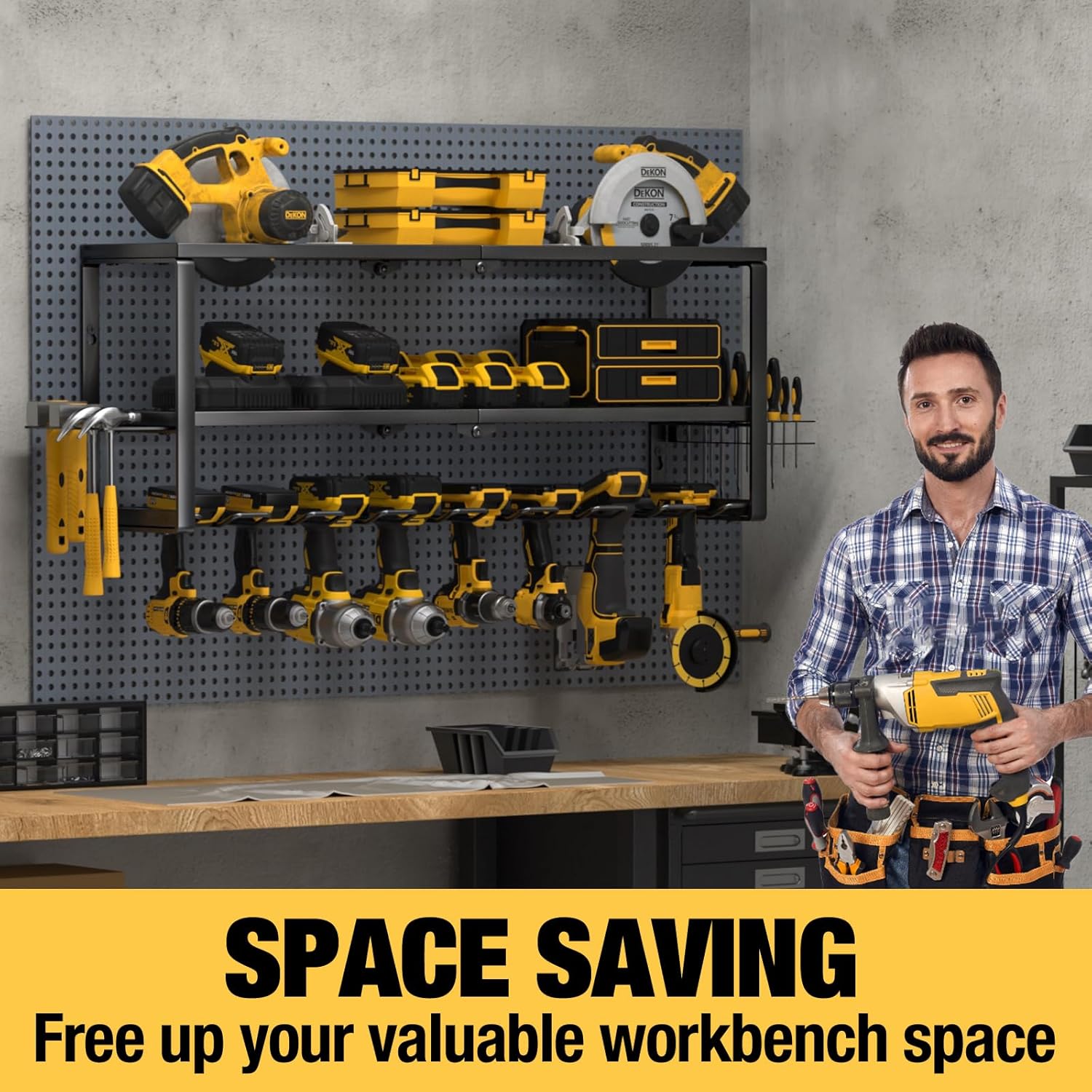 YYR Heavy Duty Power Tool Organizer - Wall Mount Cordless Drill Hanger & Charging Station | 32 Inch, 8 Slots for Garage & Workshop