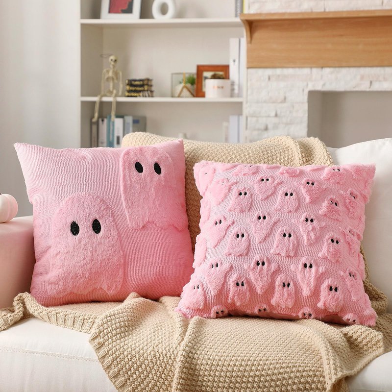 FuWeave 2 Pcs Pink Ghost Halloween Throw Pillows Cover 18 x 18 Cute Ghost Throw Pillowcase Embroidery Plush Furry Spooky Decorative Cushion Cover Pastel Pink Halloween Decoration for Home Sofa Bedroom