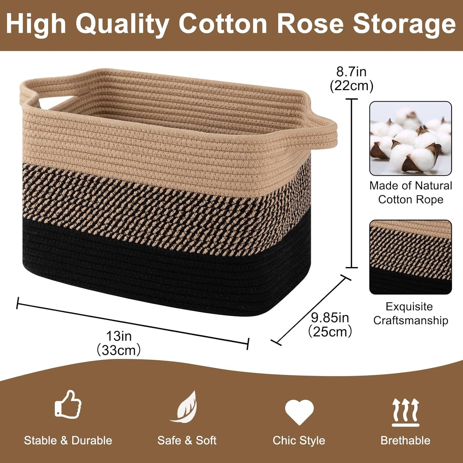 OIASKET Storage Baskets - Woven Organizing Bins for Toys & Books | Pack of 3 (Black & Brown, 13"x9.85"x8.7")