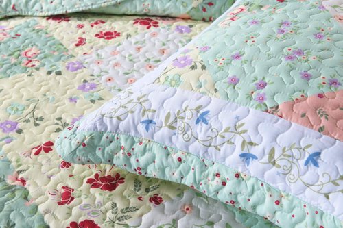 MarCielo 3-Piece Floral Printed Quilt Set Lightweight Bedspread Set Coverlet Set (Romantic Green, Queen)