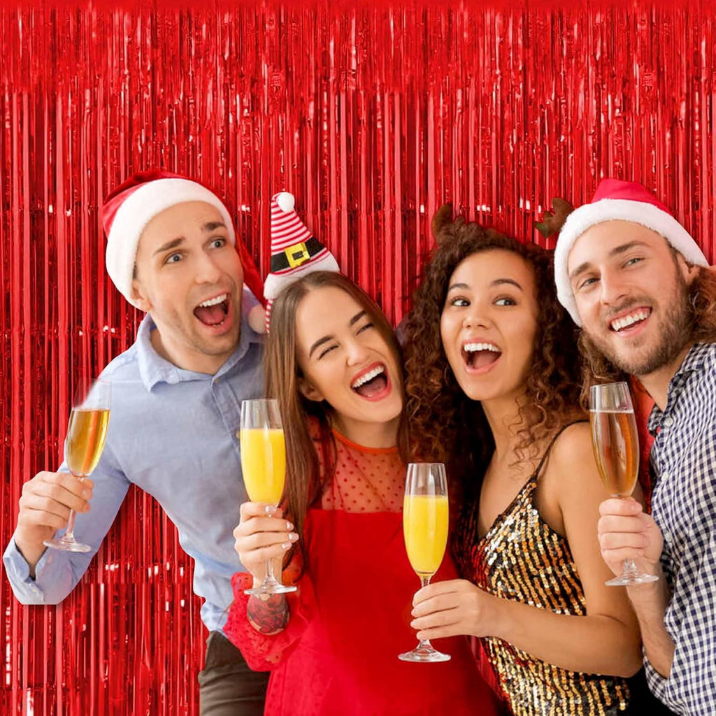 Red Foil Fringe Curtains by [Brand Name] - 3 Pack Metallic Tinsel Backdrop | 3.28 x 8.2 Ft for Parties & Events