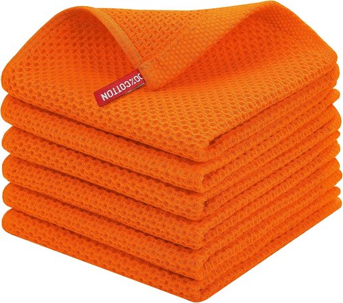 Homaxy 100% Cotton Waffle Weave Dish Cloths - Ultra Soft & Absorbent Quick-Drying Towels | 12x12 Inches, 6-Pack, Orange