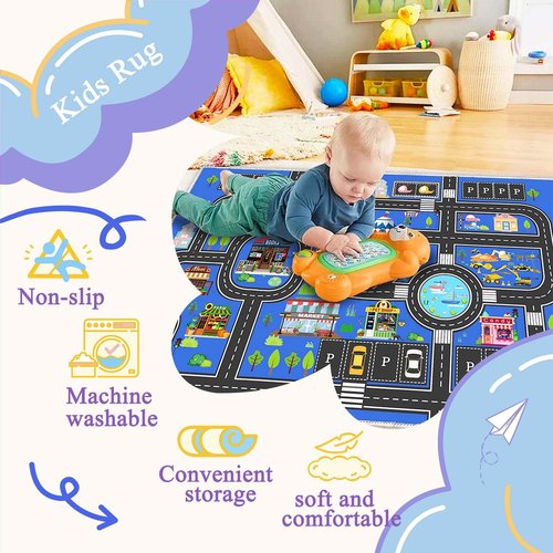 Fuzorise Kids Car Rug for Playroom Rugs, 31''x47'' Road Rug for Boys and Girls Bedrooms, Washable Rectangular Non-Slip Children's Carpet, Kid Educational City Traffic Route Map for Classrooms.
