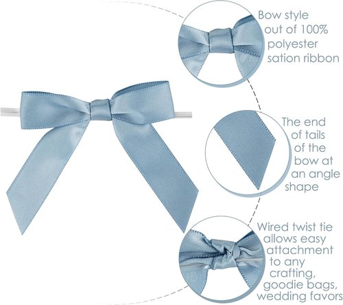 AIMUDI Satin Bows for Gift Wrapping - Dusty Blue Premade Twist Tie Bows | 50 Count for Weddings & Crafts