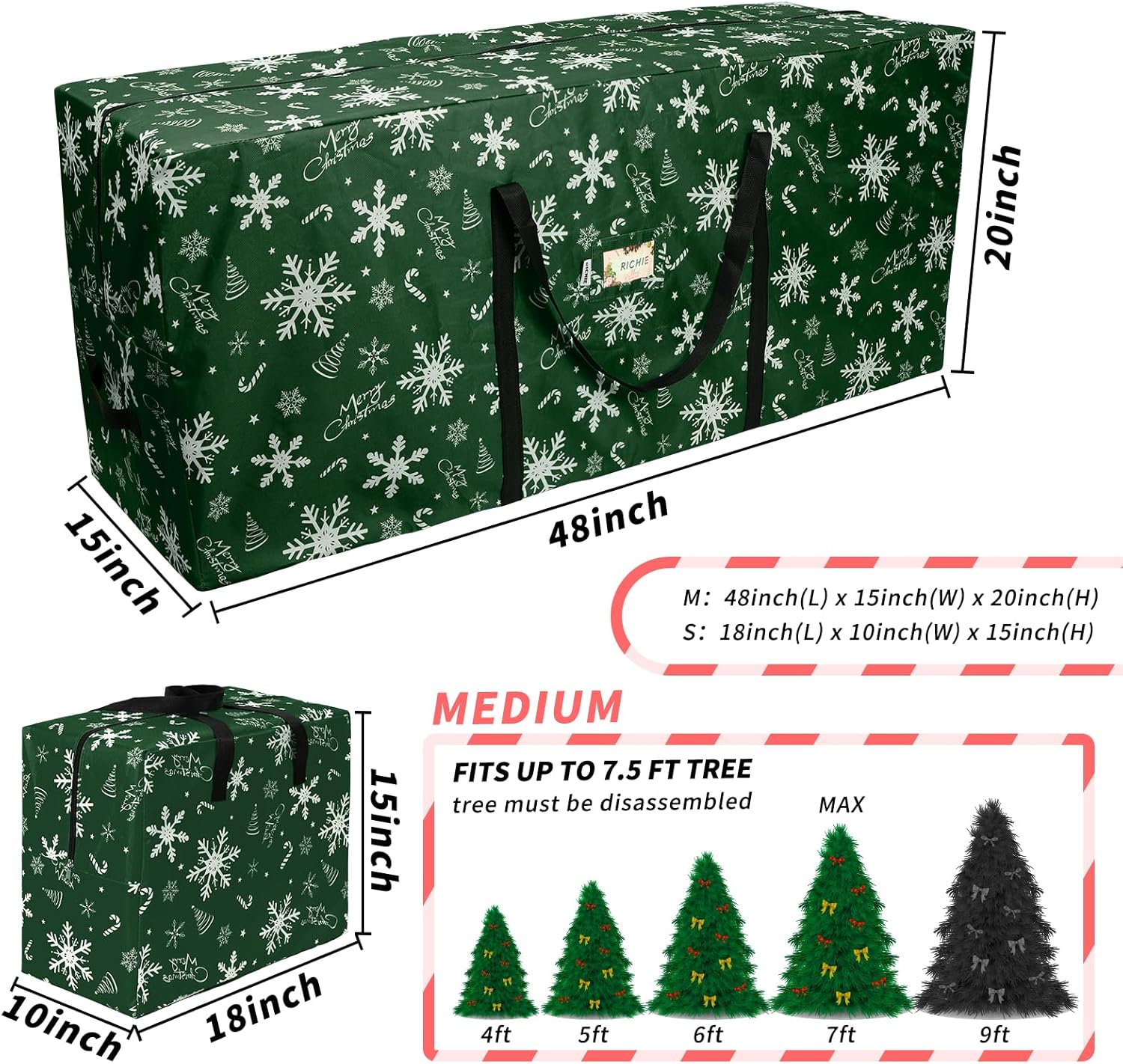 Richie Christmas Tree Storage Bag - Durable 600D Oxford, Fits Up to 7.5 ft Trees | 3pc Set, Green