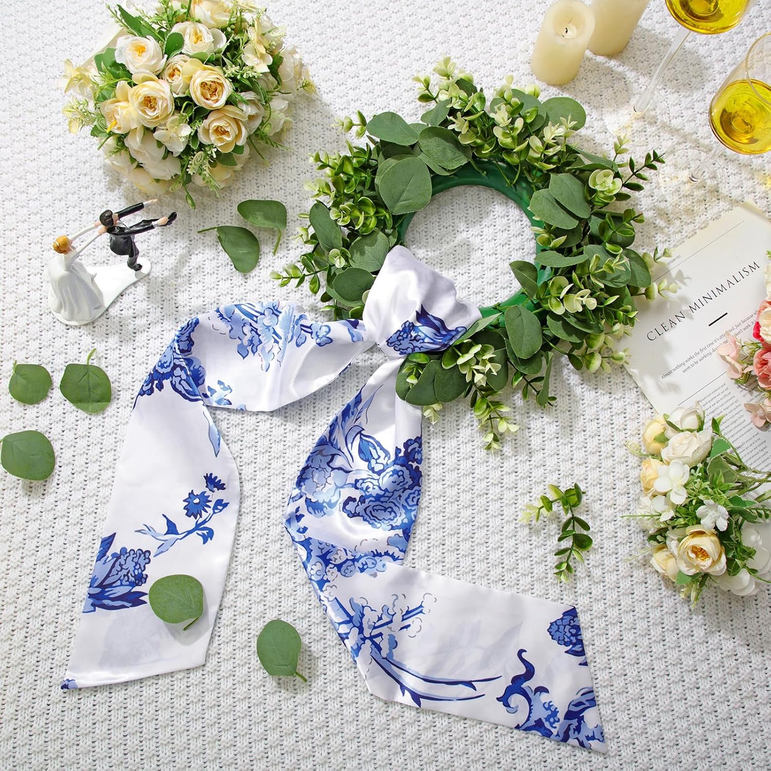 XunYee Wreath Sash Set - 6 Pcs Embroidery Monogram Decor for Weddings & 4th of July - Chinoiserie Design