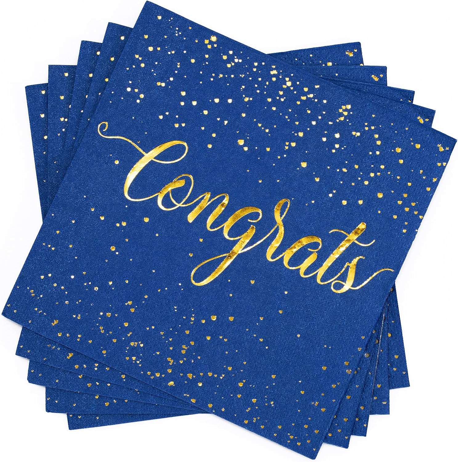 Whaline Graduation Cocktail Napkins - 80 Pack Blue & Gold Foil Congrats Design | Disposable Party Tableware