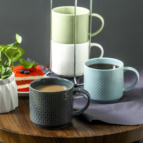 Tikooere Stackable Coffee Mugs with Stand, 15 Ounce Ceramic Embossed Mugs Set of 4 for Coffee, Latte, Tea, Cute Porcelain Cups for Christmas Gift, Dishwasher & Microwave Safe, Multi Color