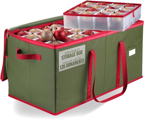 Christmas Ornament Storage | Holds Up to 128 Ornaments - Adjustable Dividers & Zippered Top, Green