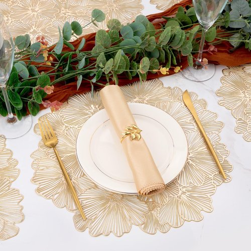 Placemats Set of 6, Gold Place Mats Hollow Out Pressed Flowers Vinyl Round Table Mats Washable for Dining Table Christmas Holiday Decorations