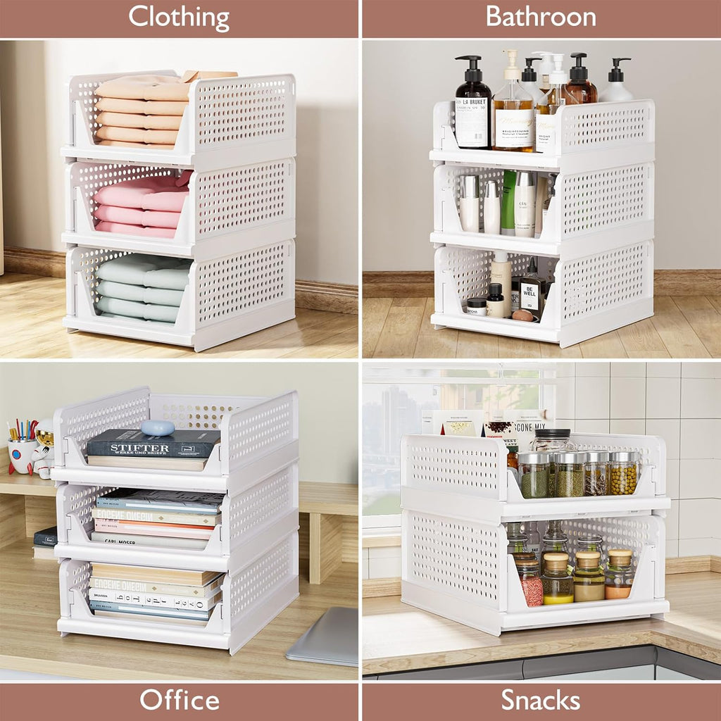 Skiennix Folding Closet Organizers - Stackable Storage Bins for Wardrobe & Office | White - 4 Pack
