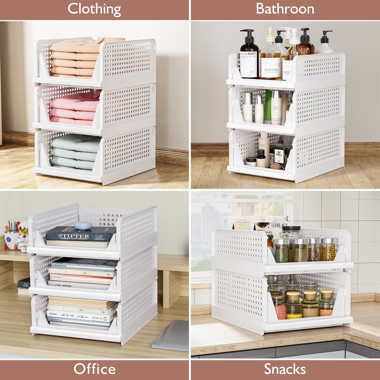 Skiennix Folding Closet Organizers - Stackable Storage Bins for Wardrobe & Office | White - 4 Pack