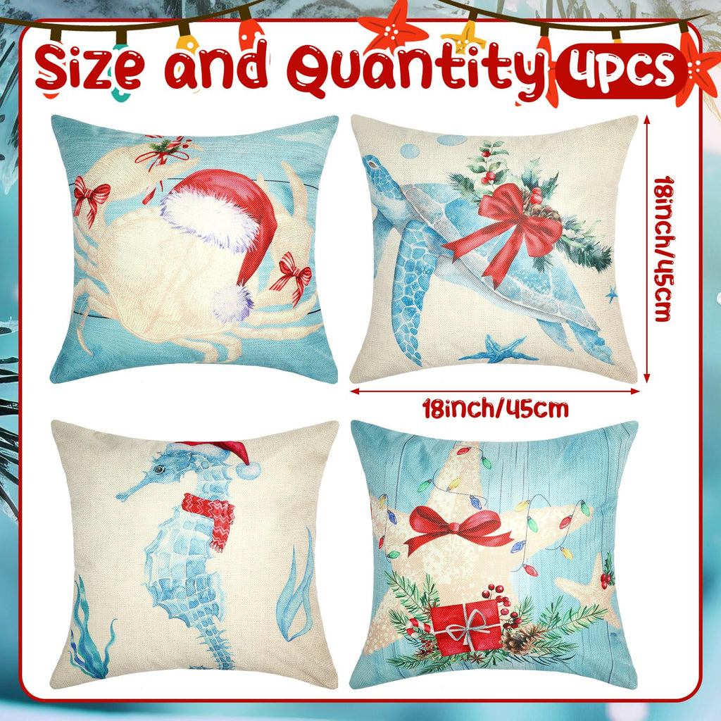 HunnmingRe 4 Pcs Christmas Sealife Coastal Pillow Covers Coastal Christmas Decoration Linen Throw Pillow Covers Sea Ocean Nautical Decorative Pillowcase for Couch Outdoor Sofa Living Room(18 Inch)