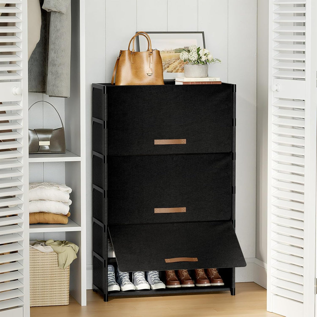 Skiennix 7-Tier Shoe Rack - Stylish Storage Cabinet for 28 Pairs | Black Plastic Organizer for Closet & Entryway