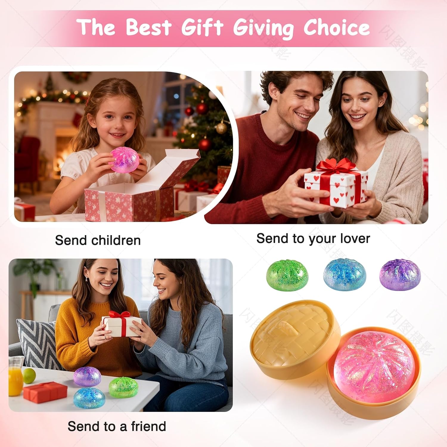 Sugar Dumpling Squishy | Glitter Bao Bun Stress Relief Fidget Toy - Mystery Box (Pink)