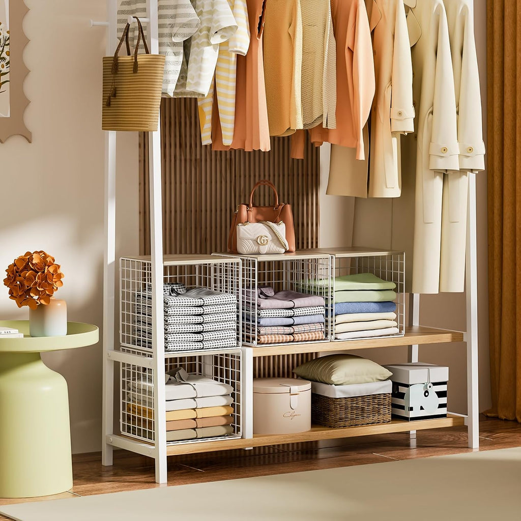 Skiennix Stackable Closet Organizers - Durable White Storage Bins with Wood Top for Wardrobe Organization