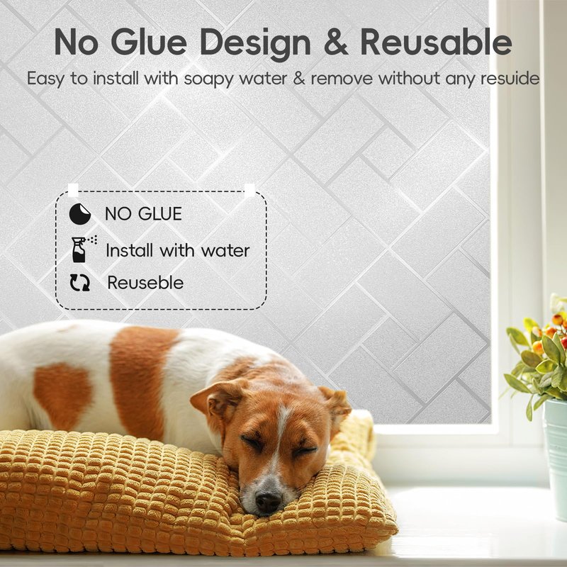 Frosted Glass Window Film Sun Blocking Window Tinting Film for Home, Static Clings Removable Frosting Bathroom Door Window Covering, 45.2 inch x 78.74 inch, White-Grid
