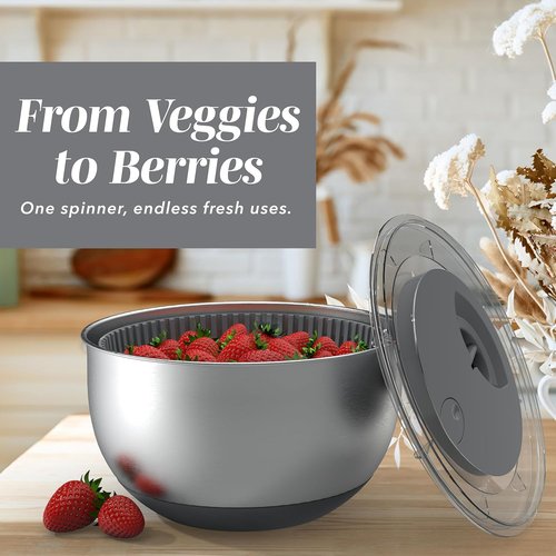 COOK WITH COLOR Stainless Steel Salad Spinner - 5 Qt. Easy Lettuce Washer & Vegetable Dryer - Non-Slip Base, Auto Stop Brake