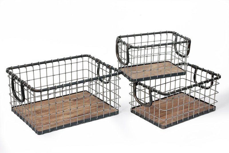 Set of 3 Rectangular Sturdy Hand Welded Farmhouse Metal Wire Basket with Rustic Wooden Bottom For Shelves, Closet Storage Bins for Shelves. Also For Laundry, Towel, Spice Rack, Tool Box (SET OF 3)