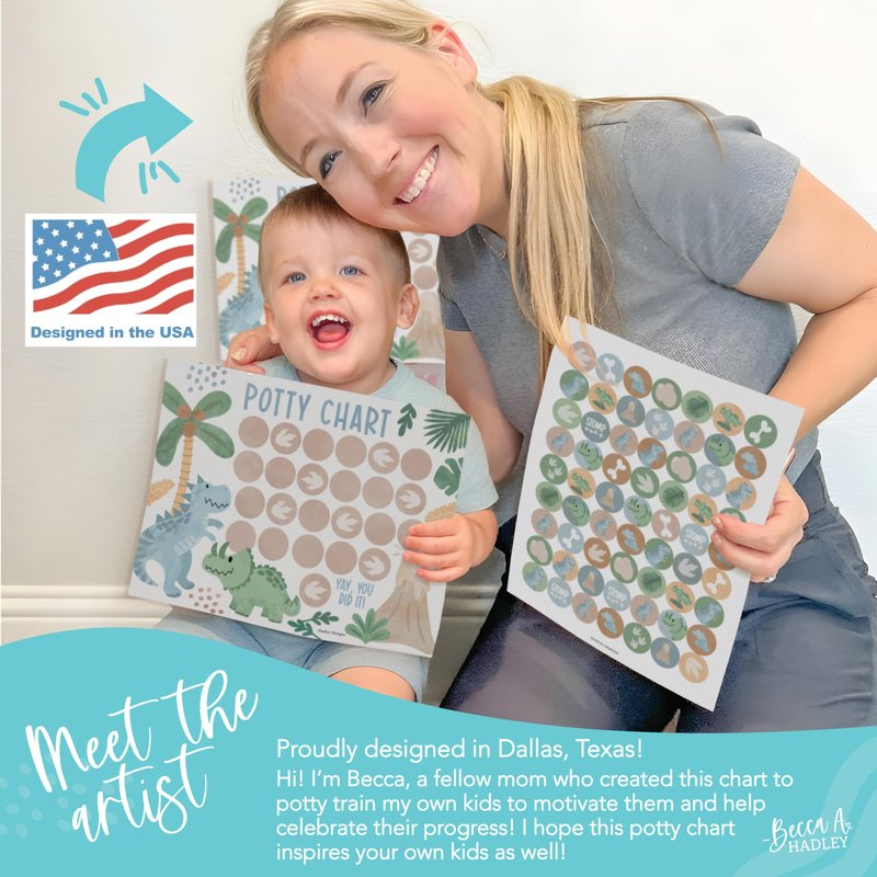 Hadley Designs Potty Training Chart for Toddlers Boys -10 Sticker Potty Chart for Toddlers Boys, 8.5x11" Potty Training Sticker Charts for Toilet Success, Dinosaur Toddler Reward Chart for Kids