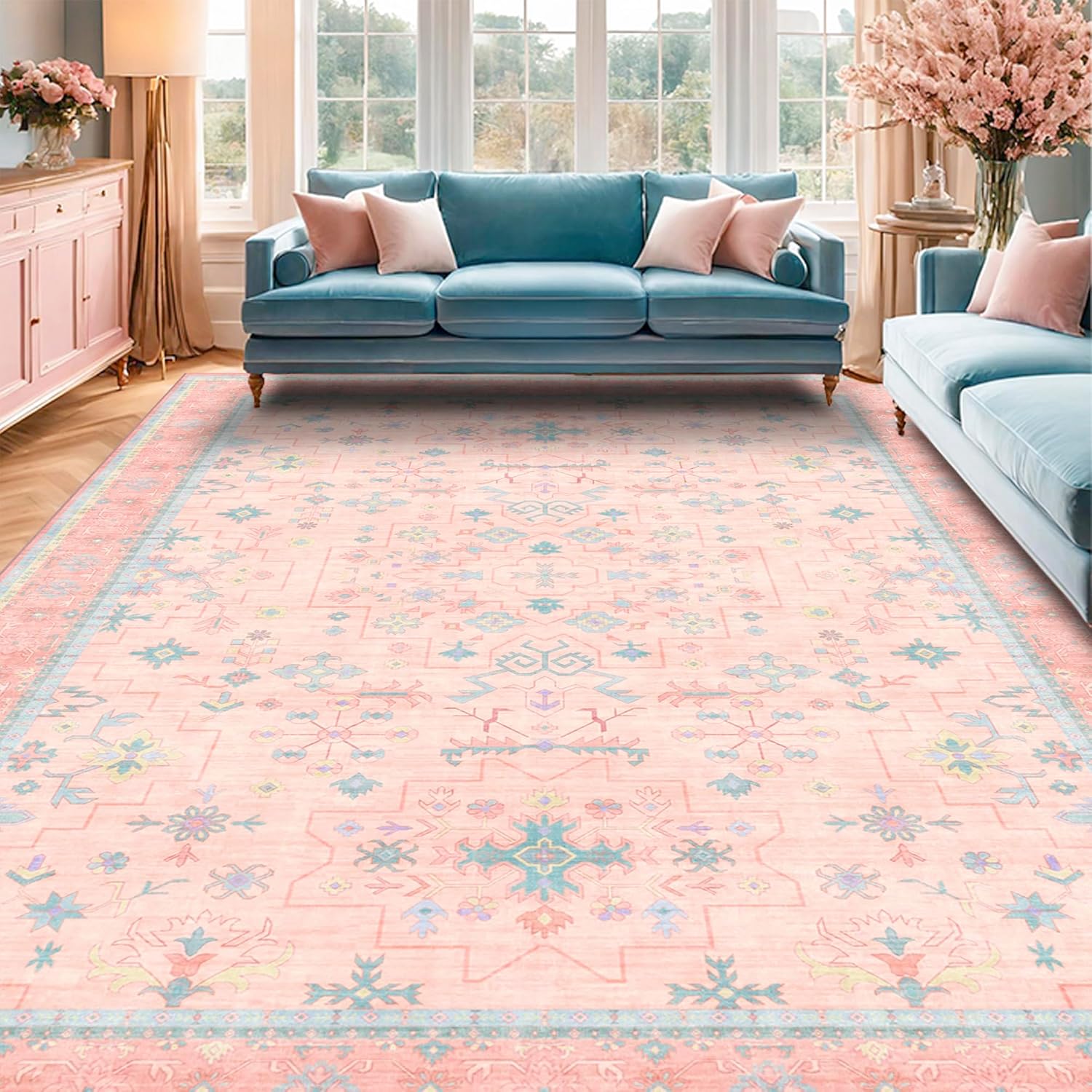 Oushak Rugs | Washable Pink & Blue 9x12 Area Rug - Soft Faux Wool, Modern Floral Design, Non-Slip
