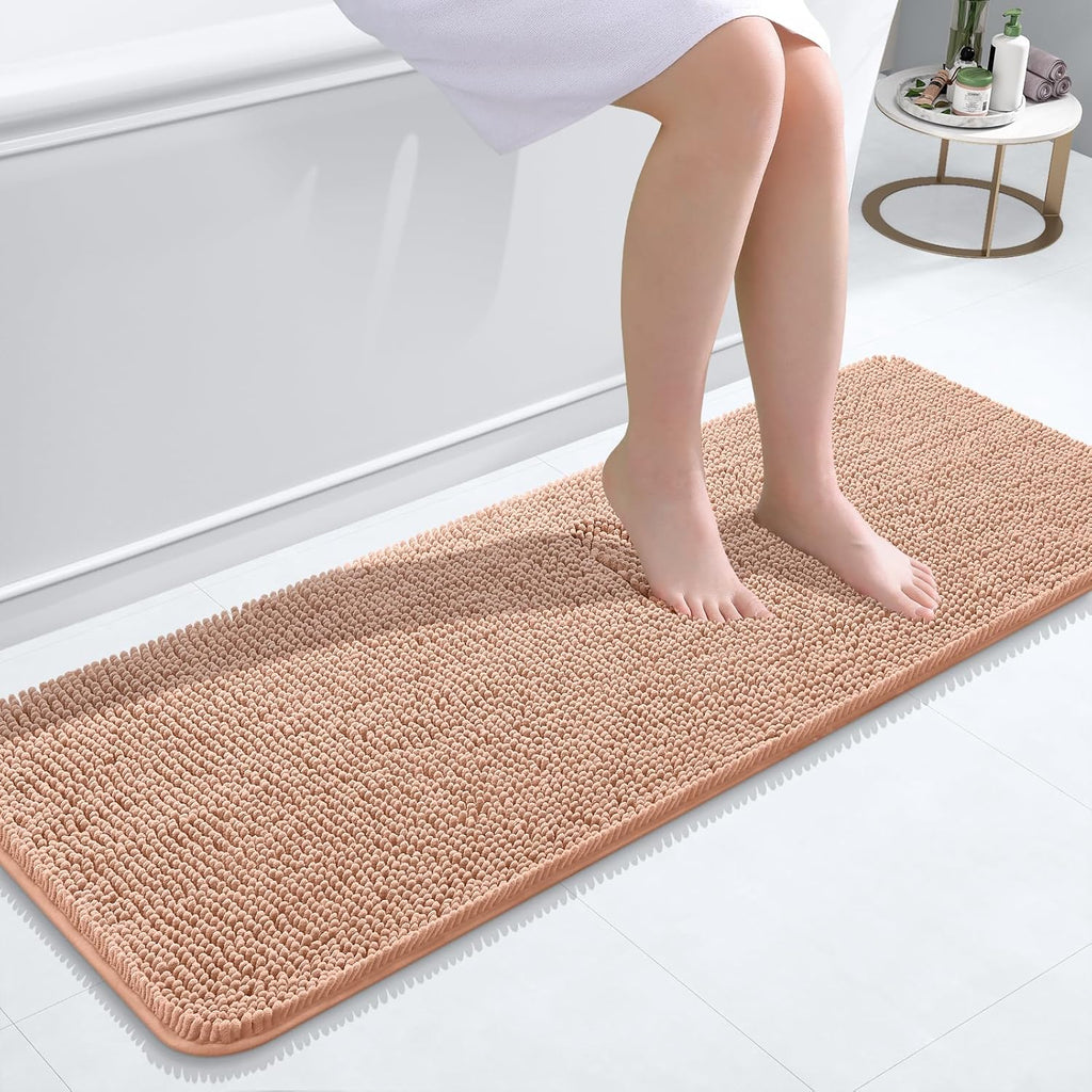 OLANLY Bathroom Runner Rugs - Extra Soft Chenille Bath Mats | Quick-Dry, Machine Washable, 47x17, Peach