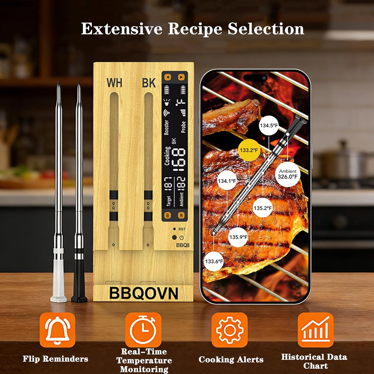 BBQOVN Wireless Meat Thermometer - WiFi Enabled with Unlimited Range & 7 NIST Certified Sensors | Dual Probe Design for BBQ, Smoker, Grill, Oven