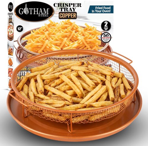 GOTHAM STEEL 2-Piece Copper Air Fryer Tray Set - Non-Stick Crisper Baskets for Pizza & Baking