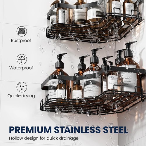 MAXIFFE Corner Shower Caddy - 3 Pack Sturdy Adhesive Organizer with Soap Holder | Black, No Drilling