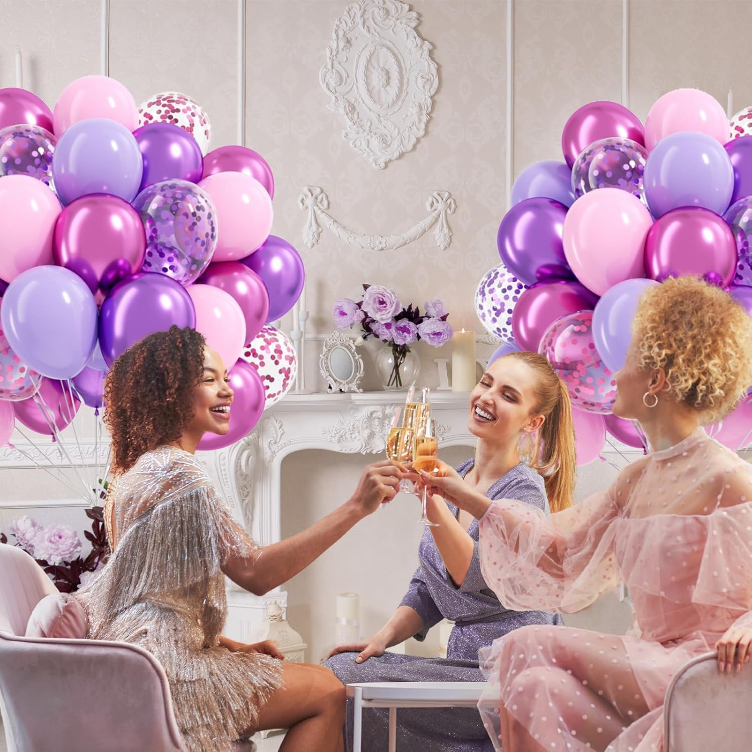 Skiennix 61-Piece Pink & Purple Balloon Set - 12-Inch Confetti & Metallic Balloons for Bridal, Baby Shower, and Birthday Celebrations
