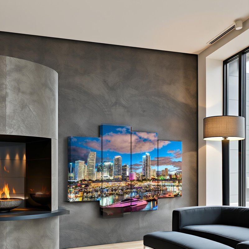 Nachic Wall 4 Pieces City Canvas Wall Art Miami Night Skyline Picture Canvas Print Florida Cityscape Poster Painting Canvas Modern Living Room Bedroom Decor Framed Ready to Hang