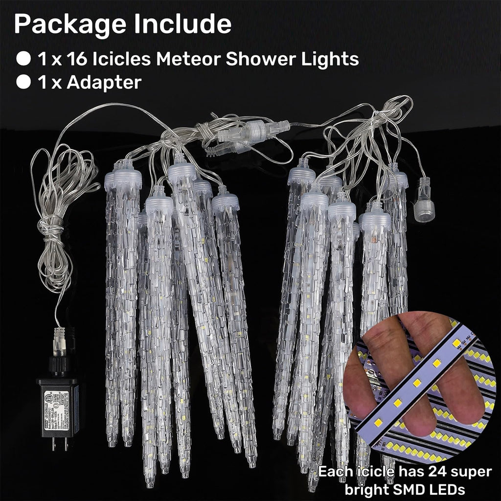 WATERGLIDE 16 Icicles Meteor Shower Lights - 12" Connectable White LED Christmas Lights for Holiday Decor