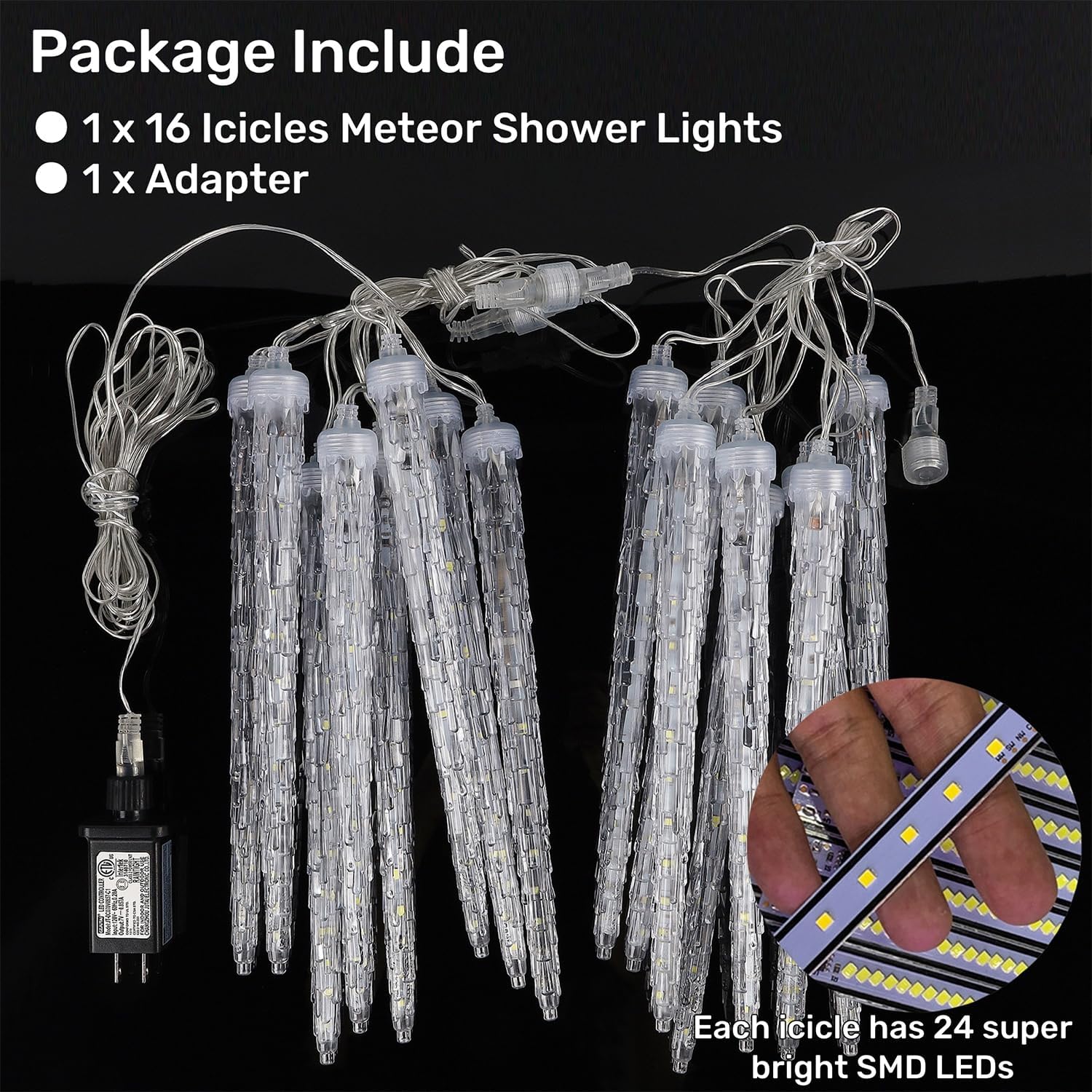 WATERGLIDE 16 Icicles Meteor Shower Lights - 12" Connectable White LED Christmas Lights for Holiday Decor