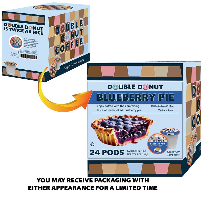 Double Donut Coffee Blueberry Coffee Pods, Single Serve Blueberry Flavored Coffee Pods, Medium Roast Coffee for Keurig K Cups Brewers, 24 Count