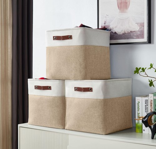 DECOMOMO Storage Cubes - 11x11 Cube Storage Bins | Beige & White, 4 Pack for Organized Shelving