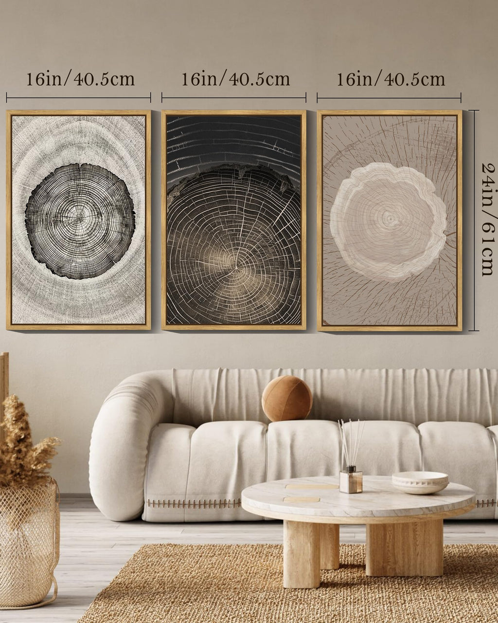 PHOPAGO Vintage Wood Tree Rings Wall Art 16x24in Farmhouse Rustic Framed Canvas Paintings Nature Artwork Natural Framed