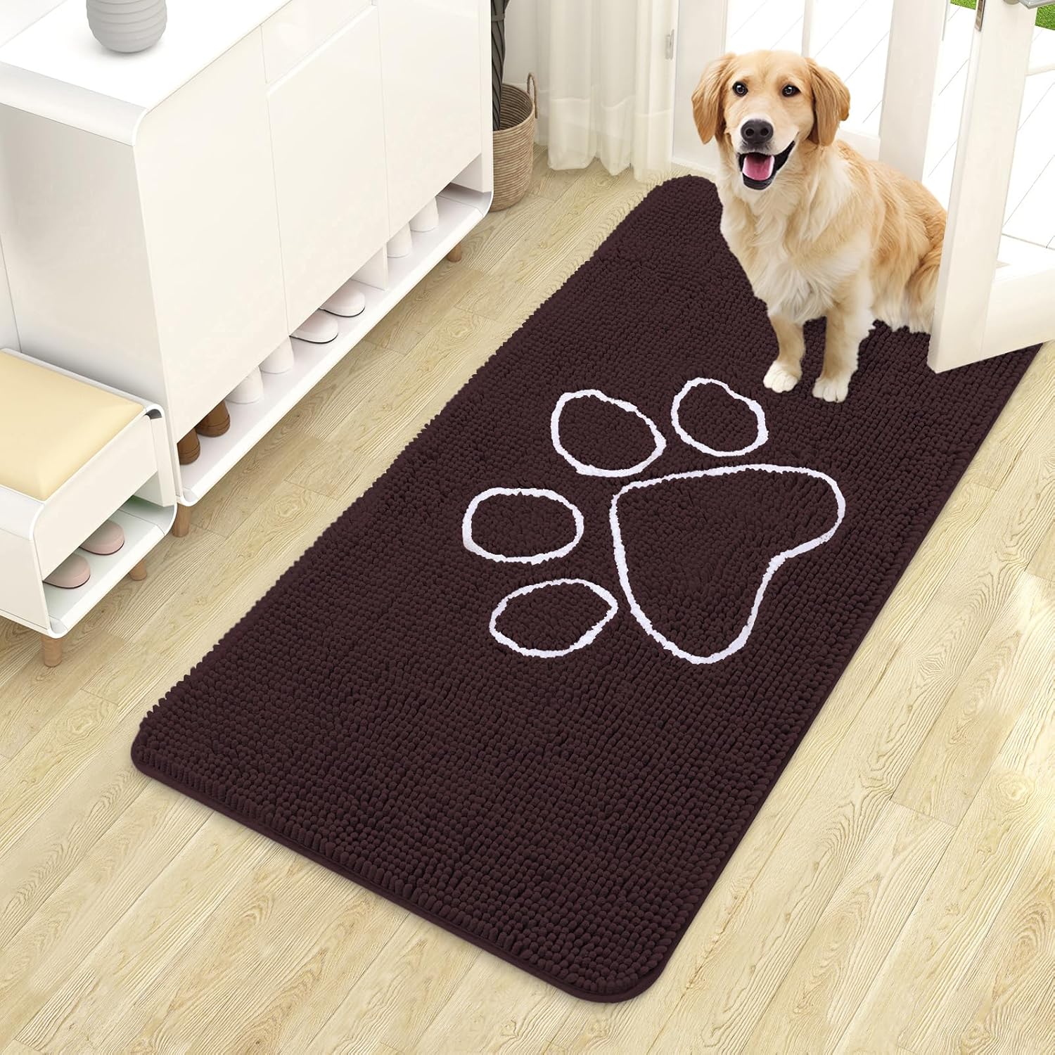 OLANLY Dog Door Mat - Absorbent Non-Slip Mud Mat for Paws | 44x24 Inches, Quick Dry Chenille, Brown